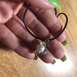 Flower Charm with Pearl on Black Cord Necklace